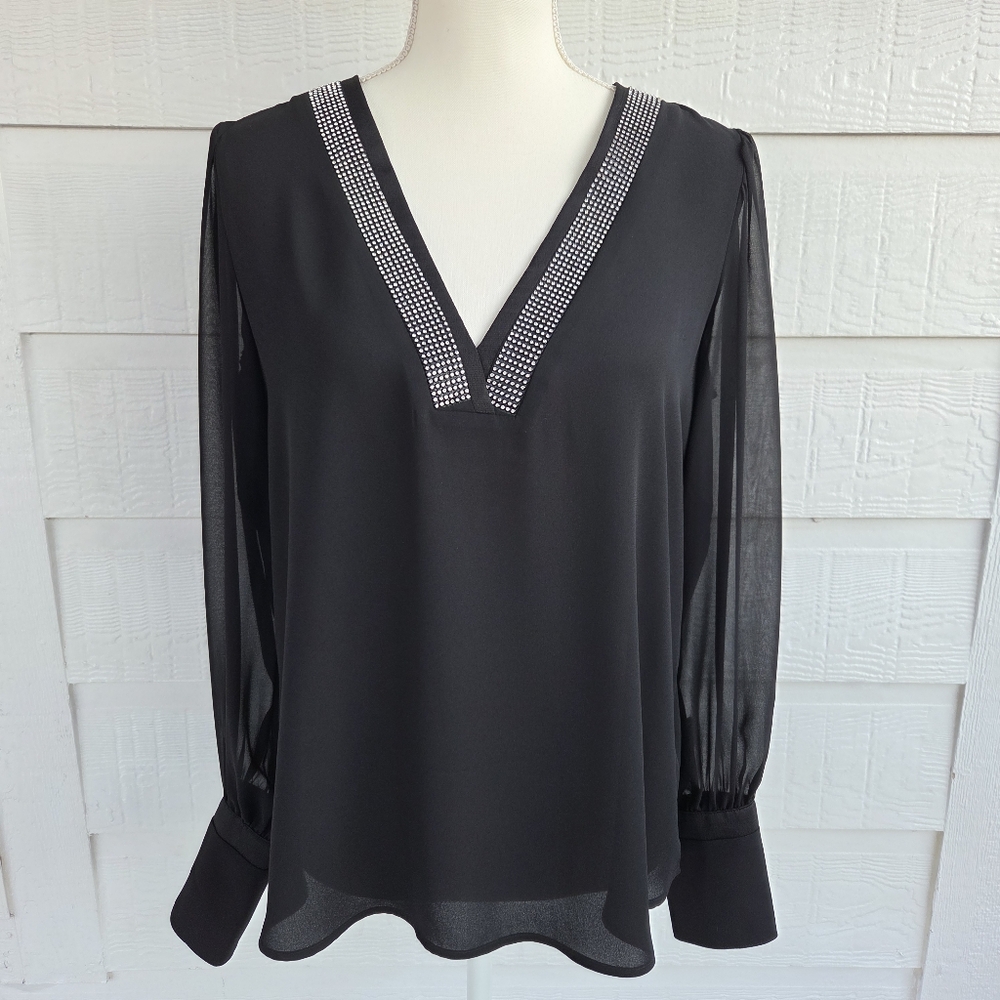 Express NWT Black Rhinestone V-Neck Blouse Sheer Sleeves Long Sleeve Top Size M
